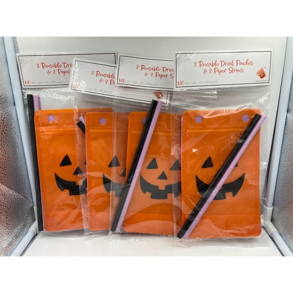 4 Packs of Pumpkin 2 Reusable Drink Pouches & 2 Paper Straws - Picture 1 of 2